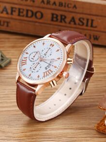 ECONOMICXI 2 piezas Estilo simple redondo puntero dial reloj para hombre y juego de pulseras, regalo perfecto para amigo y padre - Café integral - Ver 3