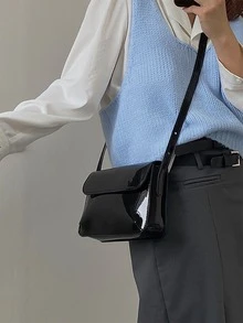 Đúng mốt Da giả Kết cấu Cái túi - màu đen - Xem 2