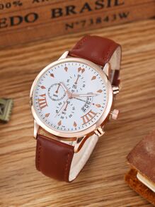 ECONOMICXI 2 piezas Estilo simple redondo puntero dial reloj para hombre y juego de pulseras, regalo perfecto para amigo y padre - Café integral - Ver 2