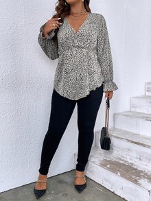 SHEIN Franclia Plus Allover Print Flounce Sleeve Peplum Blouse - Black and White - View 4