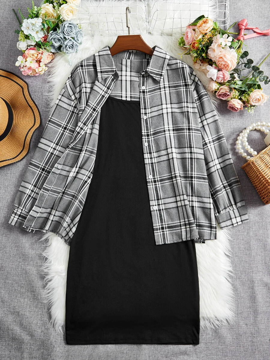 Calvaya con estampado de cuadros de hombros caídos Camisa & Vestido de tirantes - Multicolor - Ver 1