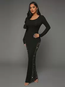 SHEIN SXY 水鑽細節魚尾裙下擺緊身洋裝 - 黑色 - 查看 1