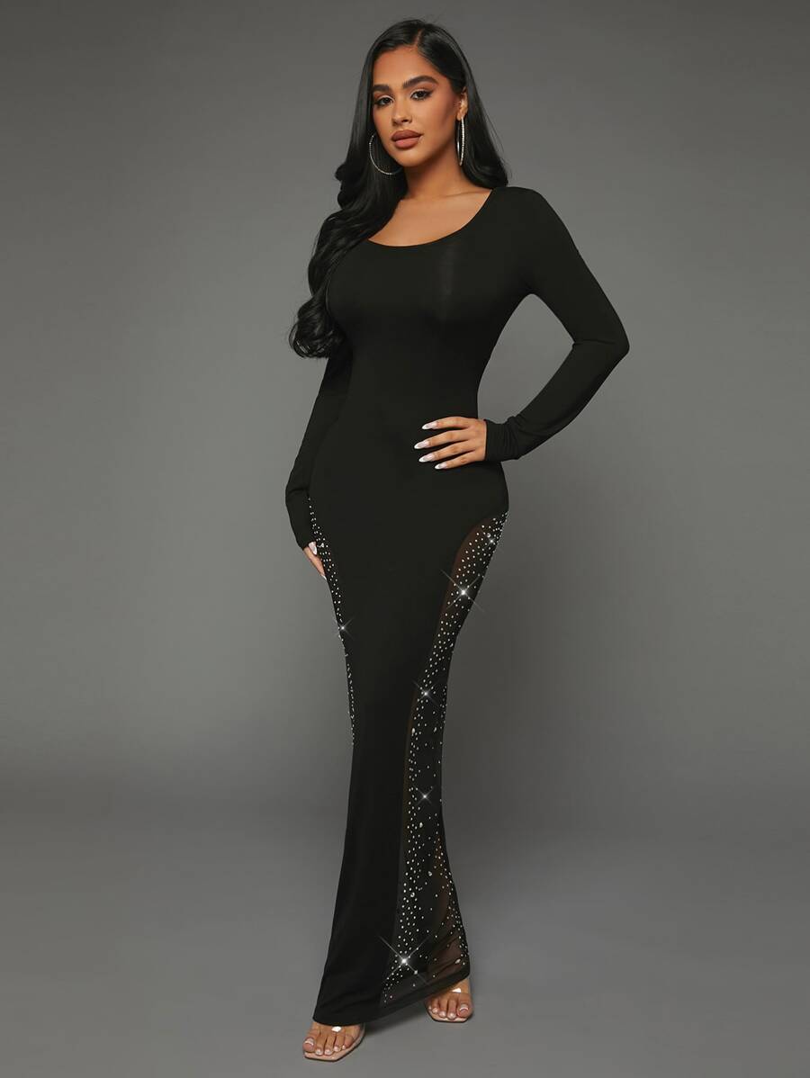 SHEIN SXY 水鑽細節魚尾裙下擺緊身洋裝 - 黑色 - 查看 1