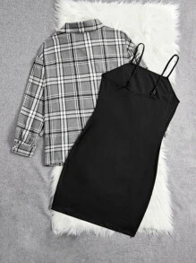 Calvaya con estampado de cuadros de hombros caídos Camisa & Vestido de tirantes - Multicolor - Ver 2