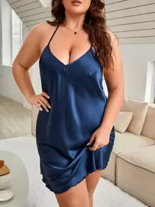 Plus Solid Open Back Satin Cami Nightdress - Navy Blue - View 1