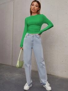 Muchica Camiseta corta fruncido tejido de canalé - Verde - Ver 3