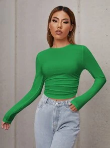 Muchica Camiseta corta fruncido tejido de canalé - Verde - Ver 4