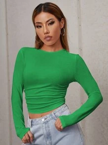 Muchica Camiseta corta fruncido tejido de canalé - Verde - Ver 5