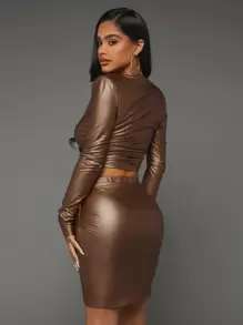 SHEIN SXY Solid Shoulder Pad Crop Tee & Ruched Bodycon Skirt - Coffee Brown - View 3