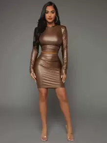 SHEIN SXY Solid Shoulder Pad Crop Tee & Ruched Bodycon Skirt - Coffee Brown - View 4