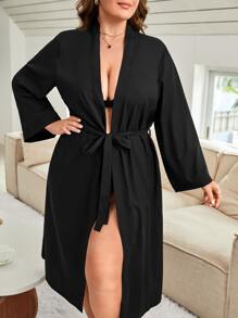 Bata con cinturón unicolor sin ropa interior - Negro - Ver 4