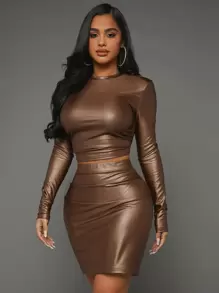 SHEIN SXY Solid Shoulder Pad Crop Tee & Ruched Bodycon Skirt - Coffee Brown - View 1