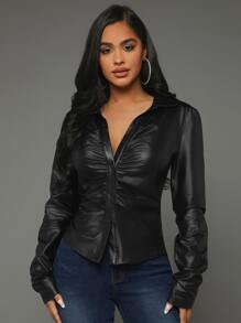 SHEIN SXY Ruched Button Front Shirt - Black - View 2