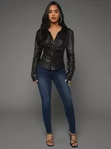 SHEIN SXY Ruched Button Front Shirt - Black - View 1