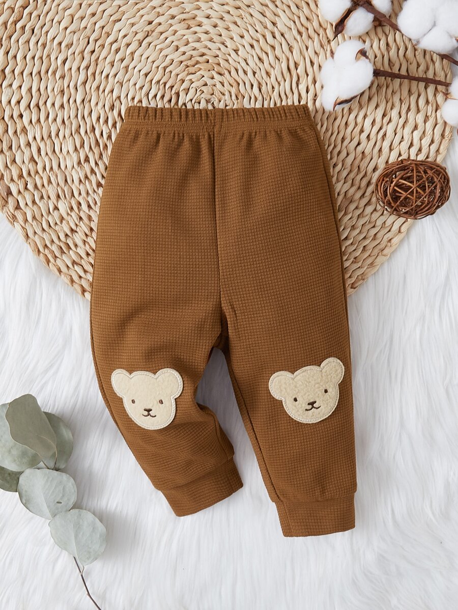 SHEIN Baby Boy Bear Patched Waffle Knit Pants - Brown - View 1