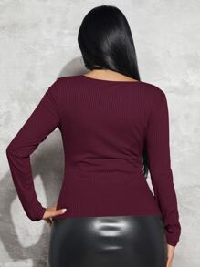 SHEIN SXY Summer Women's Tops Sweetheart Neck Ribbed Knit T-Shirt - Maroon - View 2