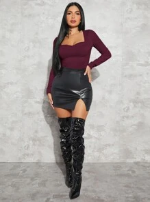 SHEIN SXY Summer Women's Tops Sweetheart Neck Ribbed Knit T-Shirt - Maroon - View 5