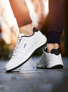 Men's Fashion Letter Patch Decor Lace-Up Front Running Shoes Pu Casual Sneakers White Pu Sneakers Manfinity Basics - White - View 2