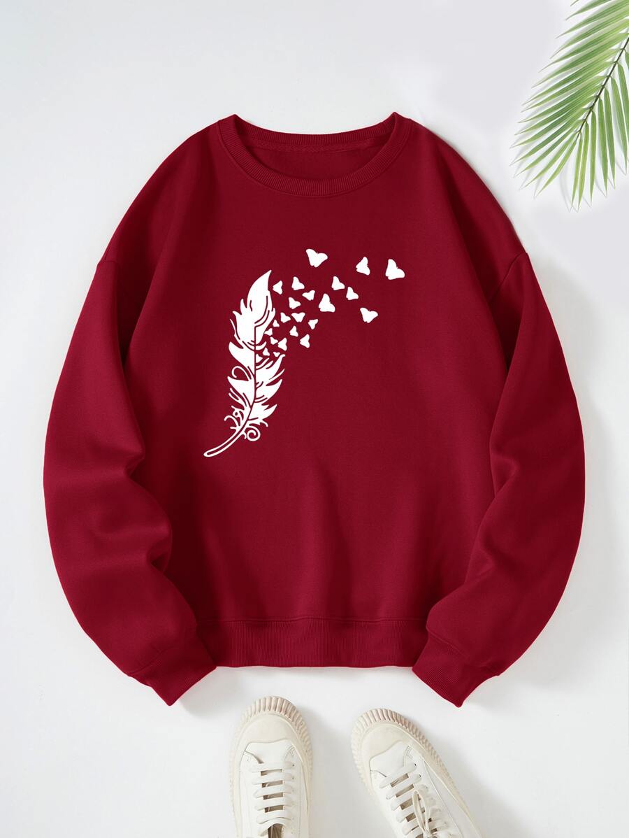 SHEIN LUNE Feather & Butterfly Print Thermal Pullover - Burgundy - View 1