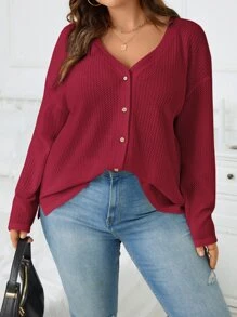 SHEIN Essnce Plus Drop Shoulder Waffle Knit Tee - Burgundy - View 1