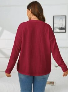 SHEIN Essnce Plus Drop Shoulder Waffle Knit Tee - Burgundy - View 2