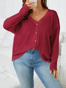 SHEIN Essnce Plus Drop Shoulder Waffle Knit Tee - Burgundy - View 3