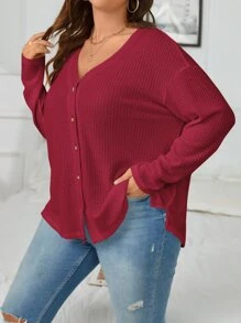 SHEIN Essnce Plus Drop Shoulder Waffle Knit Tee - Burgundy - View 4