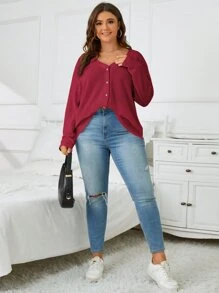 SHEIN Essnce Plus Drop Shoulder Waffle Knit Tee - Burgundy - View 5