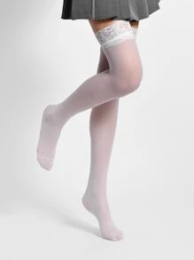 蕾絲邊過膝襪 - 白色 - 查看 2