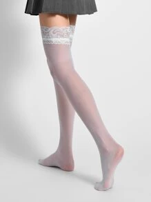 蕾絲邊過膝襪 - 白色 - 查看 3