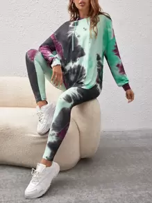 SHEIN Essnce Tie Dye Drop Shoulder Drawstring Hoodie & Leggings - Multicolor - View 1