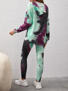 SHEIN Essnce Tie Dye Drop Shoulder Drawstring Hoodie & Leggings - Multicolor - View 2