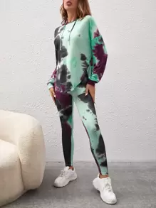 SHEIN Essnce Tie Dye Drop Shoulder Drawstring Hoodie & Leggings - Multicolor - View 3