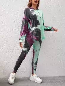 SHEIN Essnce Tie Dye Drop Shoulder Drawstring Hoodie & Leggings - Multicolor - View 4