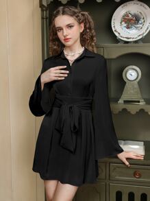 SHEIN MOD Trumpet Sleeve Bow Front Ruffle Hem Shirt Dress - Black - View 2