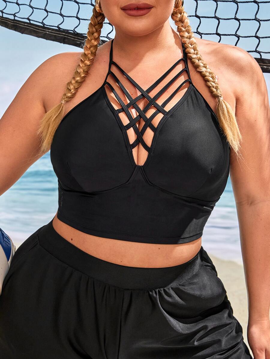 Top bikini con tira cruzada delantera - Negro - Ver 1