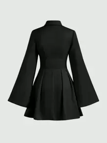 SHEIN MOD Trumpet Sleeve Bow Front Ruffle Hem Shirt Dress - Black - View 6
