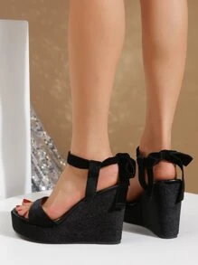 Tie Back Velvet Wedge Sandals - Black - View 2
