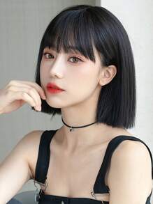 黑色短直鲍勃假发带刘海 10 英寸时尚女士假发合成耐热假发日常使用假发初学者友好，适合各种场合，包括圣诞节、新年、派对、度假、冬季 - 黑色 - 查看 4