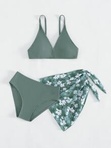 青少年女孩纯色比基尼套装搭配花卉印花沙滩裙夏季海滩