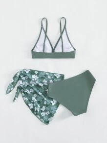 青少年女孩纯色比基尼套装搭配花卉印花沙滩裙夏季海滩