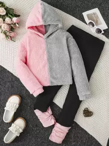 Girls Two Tone Teddy Hooded Sweatshirt & Ruched Leggings - Multicolor - View 1