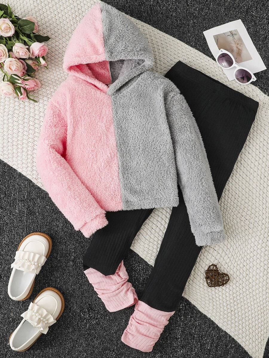 Girls Two Tone Teddy Hooded Sweatshirt & Ruched Leggings - Multicolor - View 1