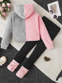 Girls Two Tone Teddy Hooded Sweatshirt & Ruched Leggings - Multicolor - View 2