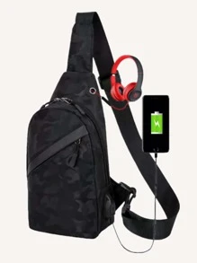 迷你男士迷彩圖案單肩包胸包,禮品適用於父親 - 黑色 - 查看 1