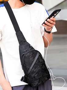 迷你男士迷彩圖案單肩包胸包,禮品適用於父親 - 黑色 - 查看 6