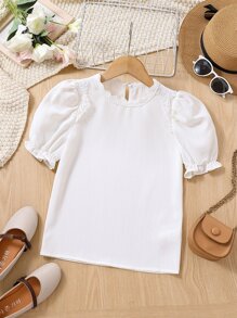 SHEIN Girls Puff Sleeve Lace Trim Keyhole Back Blouse - White - View 1