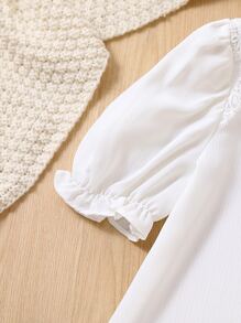 SHEIN Girls Puff Sleeve Lace Trim Keyhole Back Blouse - White - View 4