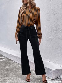 SHEIN Clasi Striped Notched Neckline Blouse & Belted Flare Leg Trousers - Multicolor - View 1