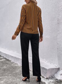 SHEIN Clasi Striped Notched Neckline Blouse & Belted Flare Leg Trousers - Multicolor - View 2